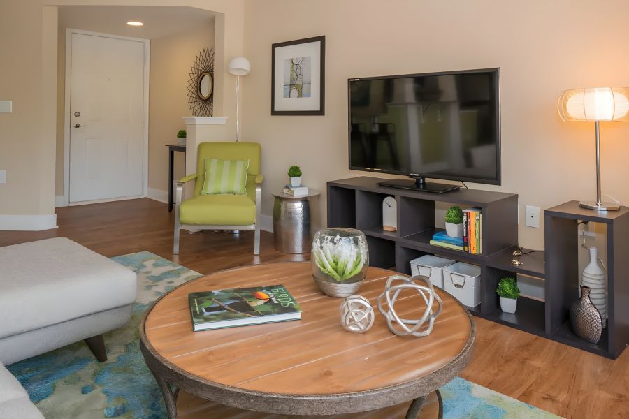 Modern living room with a TV, green chair, round coffee table, and decorative plants on wood flooring.