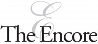 The Encore apartment homes with The Encore logo with a large, elegant script "E" behind the words "The Encore" in black text.