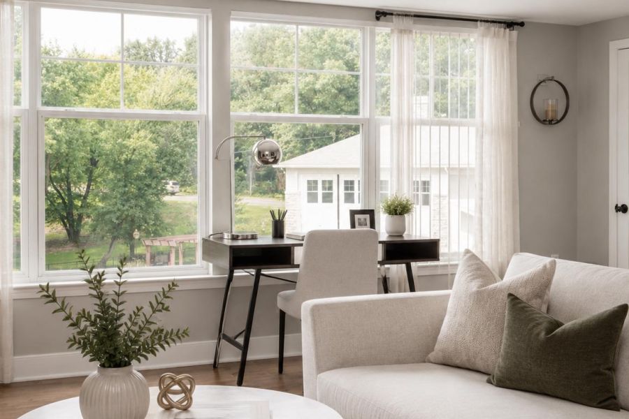 The Encore apartment homes with Bright living room with a beige sofa, round coffee table, and a desk by large windows overlooking greenery.
