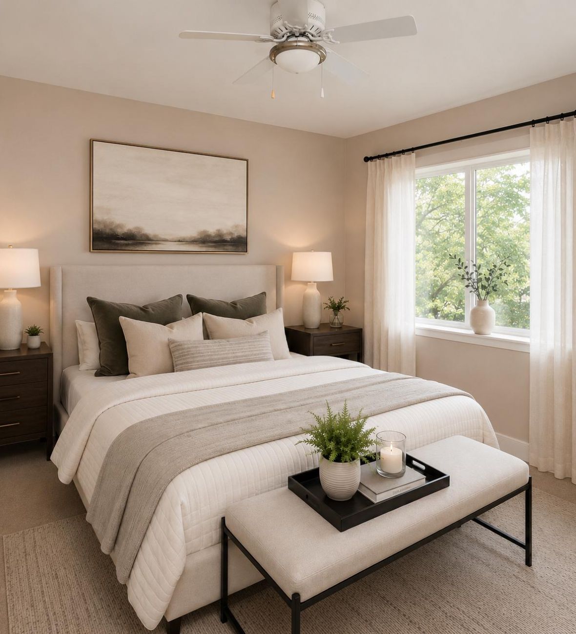 The Encore apartment homes with Modern bedroom with a neatly made bed, neutral decor, large window, and plants on nightstands and bench.