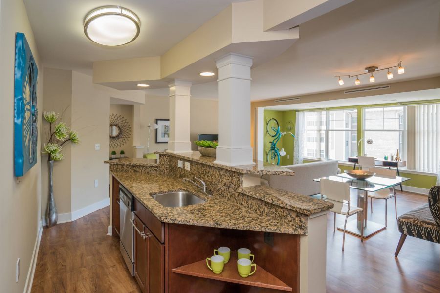 Modern open-plan kitchen and living area with granite countertops, wood floors, and large windows.