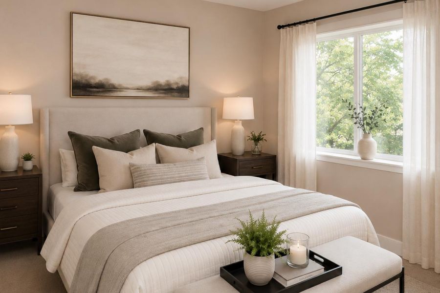 The Encore apartment homes with Modern bedroom with a neatly made bed, neutral decor, large window, and plants on nightstands and bench.
