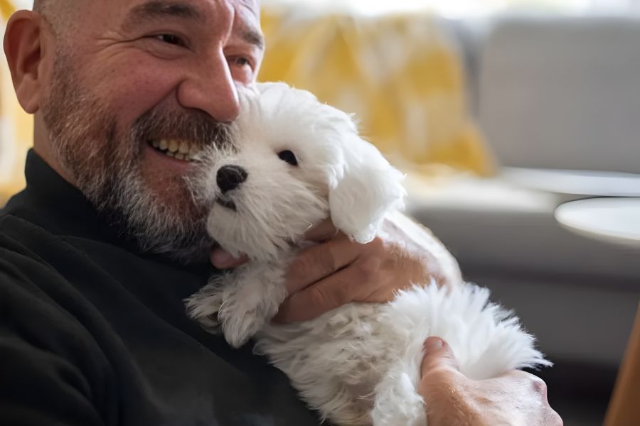 The Encore apartment homes with Smiling man cuddling a fluffy white puppy on a couch in a cozy living room.