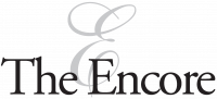 The Encore apartment homes with The Encore logo with a large, elegant script "E" behind the words "The Encore" in black text.